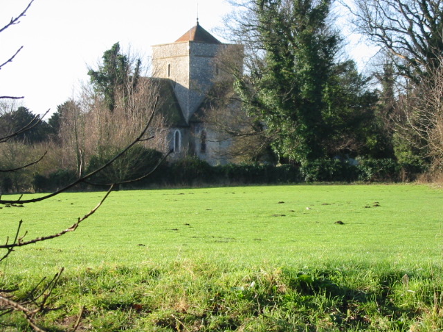 View of Northbourne Church across the recreation ground