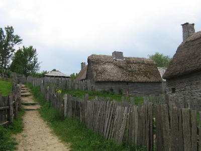 A row of houses with thatched roofs on the side of a wooden fence.