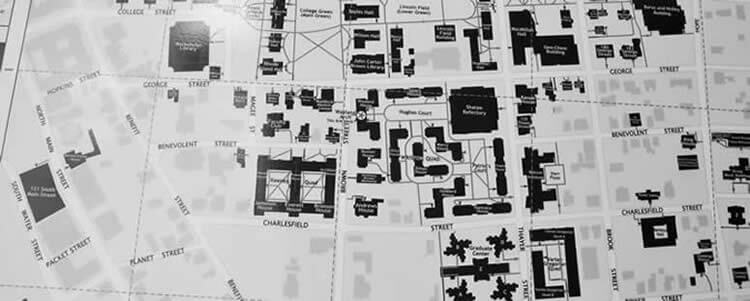 A map of the campus with buildings and parking lots.